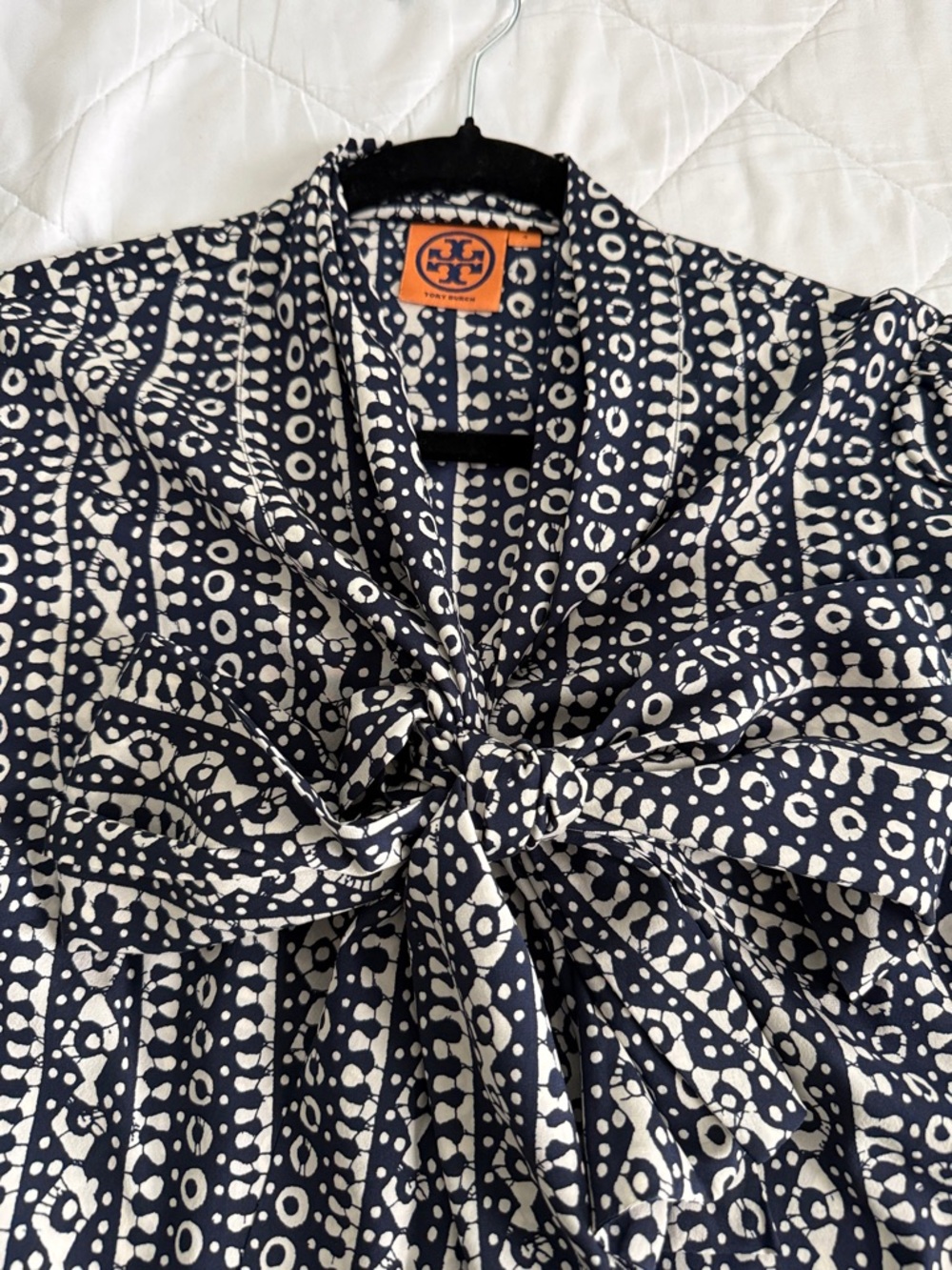 Tory Burch Navy and White Printed Tie-Neck Button Down Shirt